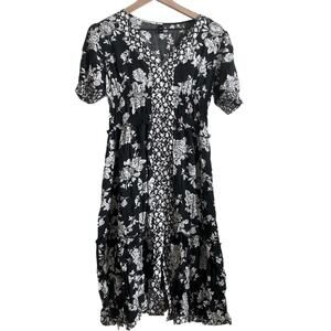 Red and Olive Black White Floral Print Midi Button Front VNeck Cottagecore Dress